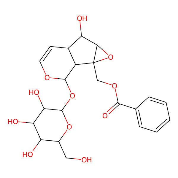 2D Structure of [5-Hydroxy-10-[3,4,5-trihydroxy-6-(hydroxymethyl)oxan-2-yl]oxy-3,9-dioxatricyclo[4.4.0.02,4]dec-7-en-2-yl]methyl benzoate