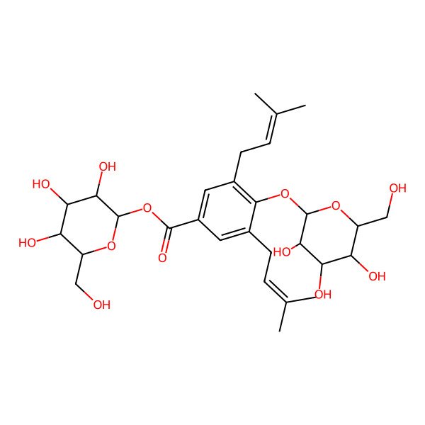 2D Structure of [3,4,5-Trihydroxy-6-(hydroxymethyl)oxan-2-yl] 3,5-bis(3-methylbut-2-enyl)-4-[3,4,5-trihydroxy-6-(hydroxymethyl)oxan-2-yl]oxybenzoate