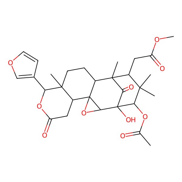 2D Structure of methyl 2-[(1R,2R,4R,5R,9R,10R,13R,14R,15S,17S)-17-acetyloxy-9-(furan-3-yl)-1-hydroxy-10,14,16,16-tetramethyl-7,18-dioxo-3,8-dioxapentacyclo[12.3.1.02,4.04,13.05,10]octadecan-15-yl]acetate