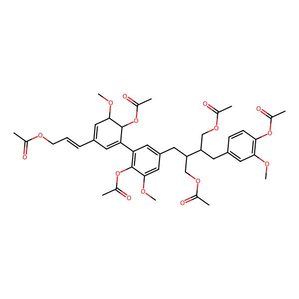 2D Structure of 3-[4-Acetyloxy-5-[2-acetyloxy-5-[4-acetyloxy-3-[(4-acetyloxy-3-methoxyphenyl)methyl]-2-(acetyloxymethyl)butyl]-3-methoxyphenyl]-3-methoxycyclohexa-1,5-dien-1-yl]prop-2-enyl acetate