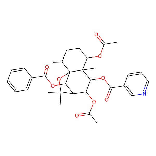 2D Structure of [(1R,2R,5S,6S,7R,8R,9S,12R)-5,8-diacetyloxy-12-benzoyloxy-2,6,10,10-tetramethyl-11-oxatricyclo[7.2.1.01,6]dodecan-7-yl] pyridine-3-carboxylate