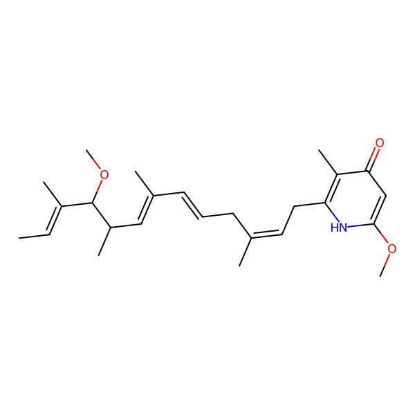 2D Structure of 6-methoxy-2-[(2E,5E,7E,9R,10R,11E)-10-methoxy-3,7,9,11-tetramethyltrideca-2,5,7,11-tetraenyl]-3-methyl-1H-pyridin-4-one