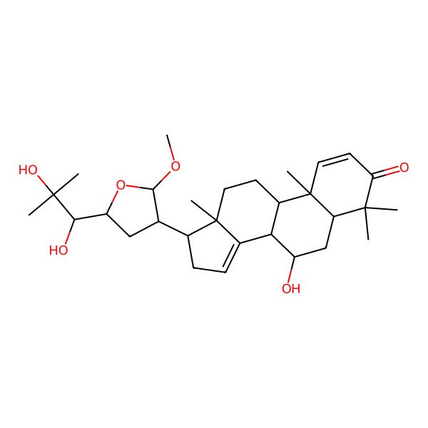 2D Structure of (5R,7R,8R,9S,10R,13S,17S)-17-[(2R,3S,5R)-5-[(1S)-1,2-dihydroxy-2-methylpropyl]-2-methoxyoxolan-3-yl]-7-hydroxy-4,4,10,13-tetramethyl-6,7,8,9,11,12,16,17-octahydro-5H-cyclopenta[a]phenanthren-3-one