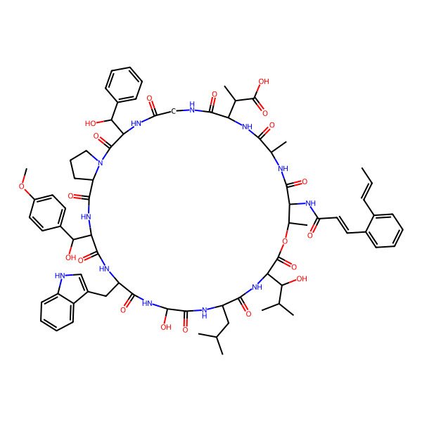 2D Structure of 2-[25-hydroxy-31-[hydroxy-(4-methoxyphenyl)methyl]-19-(1-hydroxy-2-methylpropyl)-3-[hydroxy(phenyl)methyl]-28-(1H-indol-3-ylmethyl)-12,16-dimethyl-22-(2-methylpropyl)-2,5,8,11,14,18,21,24,27,30,33-undecaoxo-15-[3-(2-prop-1-enylphenyl)prop-2-enoylamino]-17-oxa-1,4,7,10,13,20,23,26,29,32-decazabicyclo[32.3.0]heptatriacontan-9-yl]propanoic acid