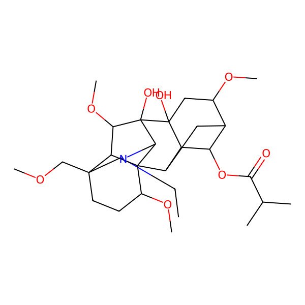 2D Structure of [(1S,2R,3R,4S,5R,6S,8R,9S,10S,13S,16S,17R,18S)-11-ethyl-8,9-dihydroxy-6,16,18-trimethoxy-13-(methoxymethyl)-11-azahexacyclo[7.7.2.12,5.01,10.03,8.013,17]nonadecan-4-yl] 2-methylpropanoate