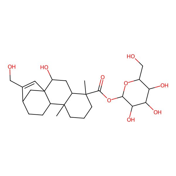 2D Structure of [(2S,3R,4S,5S,6R)-3,4,5-trihydroxy-6-(hydroxymethyl)oxan-2-yl] (1R,2S,4S,5R,9S,10S,13R)-2-hydroxy-14-(hydroxymethyl)-5,9-dimethyltetracyclo[11.2.1.01,10.04,9]hexadec-14-ene-5-carboxylate