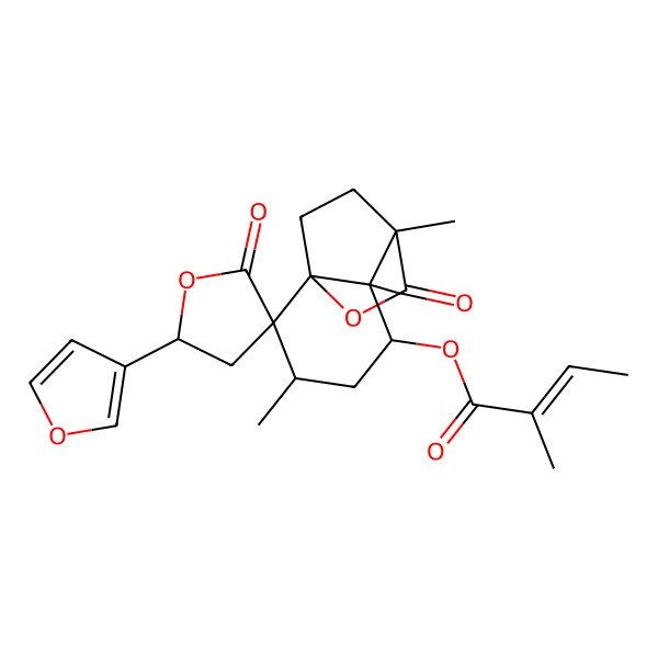 2D Structure of [(1S,2R,3R,5R,5'R,6S,7R)-5'-(furan-3-yl)-3,6,7-trimethyl-2',8-dioxospiro[9-oxatricyclo[5.2.2.01,6]undecane-2,3'-oxolane]-5-yl] (Z)-2-methylbut-2-enoate