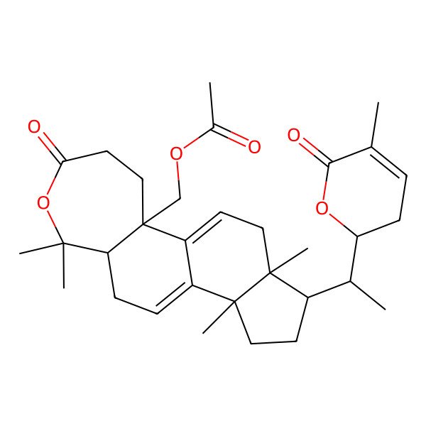 2D Structure of [3a,6,6,12a-Tetramethyl-1-[1-(5-methyl-6-oxo-2,3-dihydropyran-2-yl)ethyl]-8-oxo-1,2,3,5,5a,9,10,12-octahydroindeno[5,4-g][2]benzoxepin-10a-yl]methyl acetate