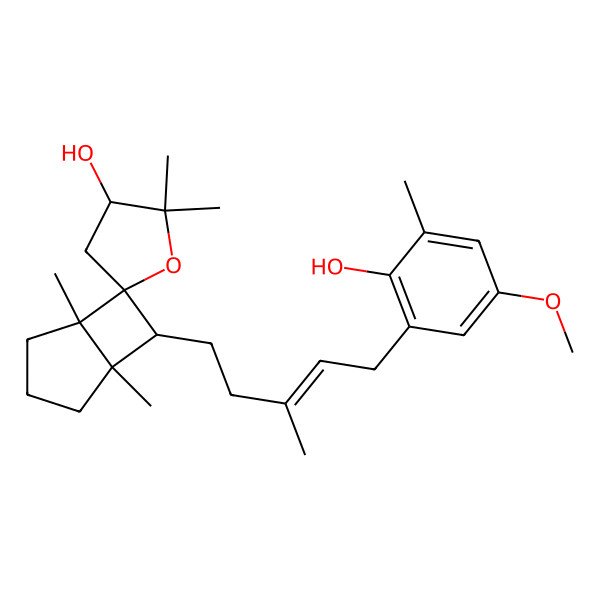 2D Structure of (1S,3'S,5S,6R,7S)-7-[(E)-5-(2-hydroxy-5-methoxy-3-methylphenyl)-3-methylpent-3-enyl]-1,2',2',5-tetramethylspiro[bicyclo[3.2.0]heptane-6,5'-oxolane]-3'-ol