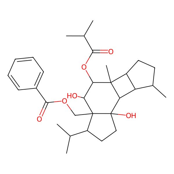 2D Structure of [(1R,2R,5S,6S,7S,8S,9S,10R,13S,14S)-2,7-dihydroxy-9,13-dimethyl-8-(2-methylpropanoyloxy)-5-propan-2-yl-6-tetracyclo[7.5.0.02,6.010,14]tetradecanyl]methyl benzoate