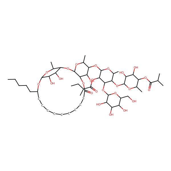 2D Structure of [5-[3,4-Dihydroxy-6-methyl-5-(2-methylpropanoyloxy)oxan-2-yl]oxy-6-methyl-2-[(7,25,26-trihydroxy-5,24-dimethyl-10-oxo-20-pentyl-2,4,9,21,23-pentaoxatricyclo[20.2.2.03,8]hexacosan-6-yl)oxy]-4-[3,4,5-trihydroxy-6-(hydroxymethyl)oxan-2-yl]oxyoxan-3-yl] 2-methylbutanoate