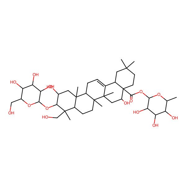 2D Structure of [(2S,3R,4R,5R,6S)-3,4,5-trihydroxy-6-methyloxan-2-yl] (4aR,5R,6aR,6aS,6bR,8aR,9R,10R,11S,12aR,14bS)-5,11-dihydroxy-9-(hydroxymethyl)-2,2,6a,6b,9,12a-hexamethyl-10-[(2R,3R,4S,5S,6R)-3,4,5-trihydroxy-6-(hydroxymethyl)oxan-2-yl]oxy-1,3,4,5,6,6a,7,8,8a,10,11,12,13,14b-tetradecahydropicene-4a-carboxylate
