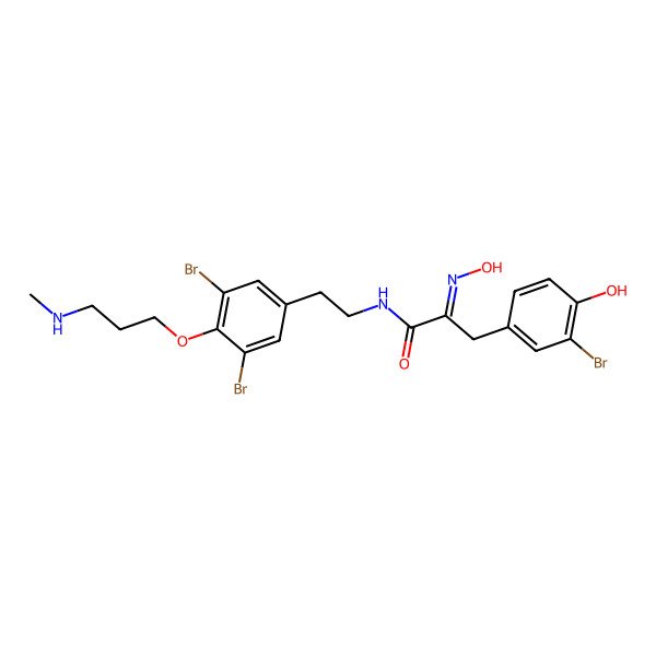 2D Structure of (2E)-3-(3-bromo-4-hydroxyphenyl)-N-[2-[3,5-dibromo-4-[3-(methylamino)propoxy]phenyl]ethyl]-2-hydroxyiminopropanamide