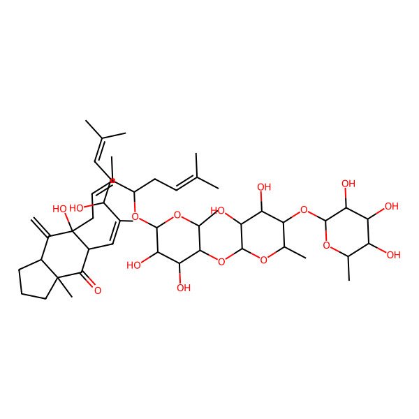 2D Structure of 6-[4-[5-[3,4-dihydroxy-6-methyl-5-(3,4,5-trihydroxy-6-methyloxan-2-yl)oxyoxan-2-yl]oxy-3,4-dihydroxy-6-methyloxan-2-yl]oxy-3,7-dimethylocta-2,6-dienyl]-6-hydroxy-5-(3-hydroxy-2,6-dimethylhepta-1,5-dienyl)-3a-methyl-7-methylidene-2,3,5,7a-tetrahydro-1H-inden-4-one