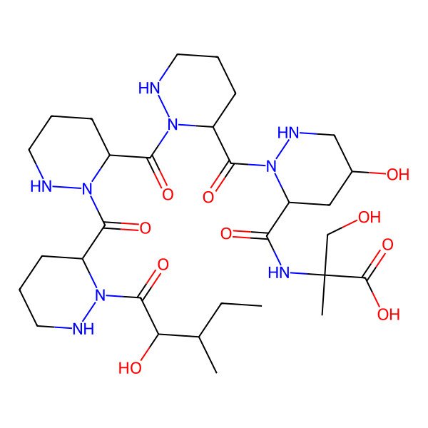 2D Structure of (2R)-3-hydroxy-2-[[5-hydroxy-2-[2-[2-[2-[(2S,3S)-2-hydroxy-3-methylpentanoyl]diazinane-3-carbonyl]diazinane-3-carbonyl]diazinane-3-carbonyl]diazinane-3-carbonyl]amino]-2-methylpropanoic acid