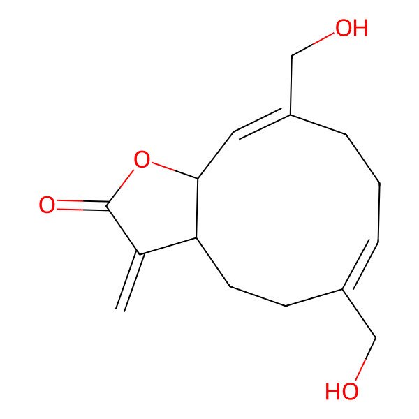 2D Structure of (3aS,6Z,10Z,11aR)-6,10-bis(hydroxymethyl)-3-methylidene-3a,4,5,8,9,11a-hexahydrocyclodeca[b]furan-2-one