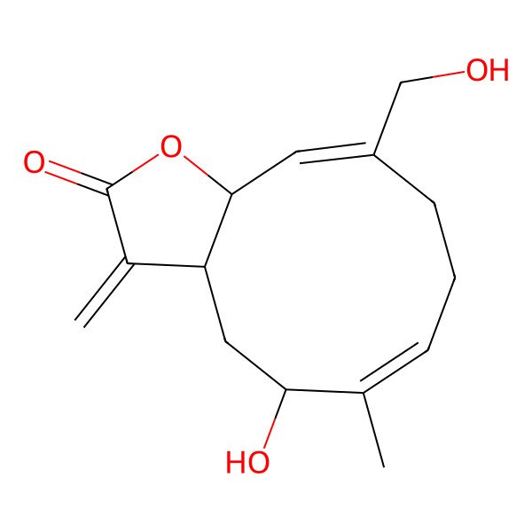 2D Structure of (3aR,5S,6E,10Z,11aR)-5-hydroxy-10-(hydroxymethyl)-6-methyl-3-methylidene-3a,4,5,8,9,11a-hexahydrocyclodeca[b]furan-2-one