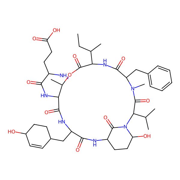 2D Structure of (4S)-4-amino-5-[[(2S,5S,8S,11R,12S,15S,18S,21R)-5-benzyl-8-[(2S)-butan-2-yl]-21-hydroxy-15-[(4-hydroxycyclohex-2-en-1-yl)methyl]-4,11-dimethyl-3,6,9,13,16,22-hexaoxo-2-propan-2-yl-10-oxa-1,4,7,14,17-pentazabicyclo[16.3.1]docosan-12-yl]amino]-5-oxopentanoic acid