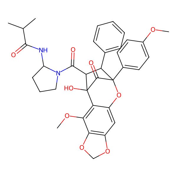 2D Structure of N-[(2S)-1-[(1R,12R,13S,14R)-1-hydroxy-3-methoxy-12-(4-methoxyphenyl)-15-oxo-13-phenyl-5,7,11-trioxatetracyclo[10.2.1.02,10.04,8]pentadeca-2,4(8),9-triene-14-carbonyl]pyrrolidin-2-yl]-2-methylpropanamide