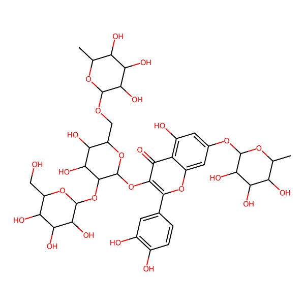 2D Structure of 2-(3,4-Dihydroxyphenyl)-3-[4,5-dihydroxy-3-[3,4,5-trihydroxy-6-(hydroxymethyl)oxan-2-yl]oxy-6-[(3,4,5-trihydroxy-6-methyloxan-2-yl)oxymethyl]oxan-2-yl]oxy-5-hydroxy-7-(3,4,5-trihydroxy-6-methyloxan-2-yl)oxychromen-4-one