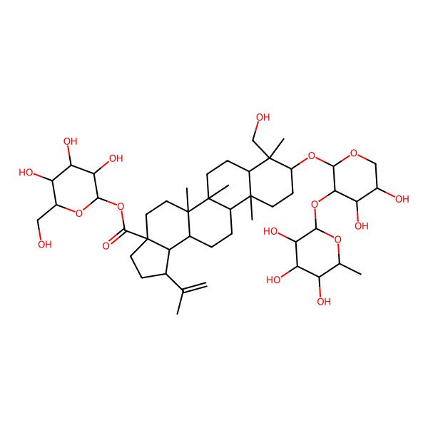 2D Structure of [(2S,3R,4S,5S,6R)-3,4,5-trihydroxy-6-(hydroxymethyl)oxan-2-yl] (1R,3aS,5aR,5bR,7aR,8R,9S,11aR,11bR,13aR,13bR)-9-[(2S,3R,4S,5S)-4,5-dihydroxy-3-[(2S,3R,4R,5R,6S)-3,4,5-trihydroxy-6-methyloxan-2-yl]oxyoxan-2-yl]oxy-8-(hydroxymethyl)-5a,5b,8,11a-tetramethyl-1-prop-1-en-2-yl-1,2,3,4,5,6,7,7a,9,10,11,11b,12,13,13a,13b-hexadecahydrocyclopenta[a]chrysene-3a-carboxylate