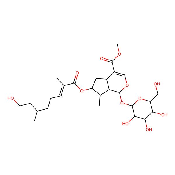 2D Structure of Methyl 6-(8-hydroxy-2,6-dimethyloct-2-enoyl)oxy-7-methyl-1-[3,4,5-trihydroxy-6-(hydroxymethyl)oxan-2-yl]oxy-1,4a,5,6,7,7a-hexahydrocyclopenta[c]pyran-4-carboxylate