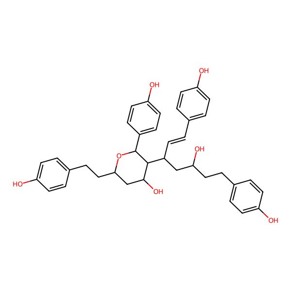 2D Structure of (2R,3R,4S,6S)-3-[(E,3S,5S)-5-hydroxy-1,7-bis(4-hydroxyphenyl)hept-1-en-3-yl]-2-(4-hydroxyphenyl)-6-[2-(4-hydroxyphenyl)ethyl]oxan-4-ol