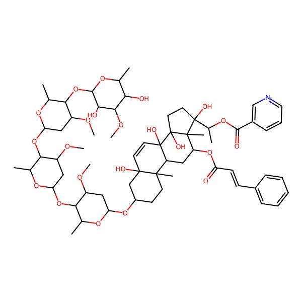 2D Structure of 1-[(3S,5S,8S,9R,10R,13R,14R,17S)-3-[(2R,4S,5R,6R)-5-[(2S,4S,5R,6R)-5-[(2S,4R,5R,6R)-5-[(2S,3R,4S,5R,6R)-3,5-dihydroxy-4-methoxy-6-methyloxan-2-yl]oxy-4-methoxy-6-methyloxan-2-yl]oxy-4-methoxy-6-methyloxan-2-yl]oxy-4-methoxy-6-methyloxan-2-yl]oxy-5,8,14,17-tetrahydroxy-10,13-dimethyl-12-[(E)-3-phenylprop-2-enoyl]oxy-2,3,4,9,11,12,15,16-octahydro-1H-cyclopenta[a]phenanthren-17-yl]ethyl pyridine-3-carboxylate