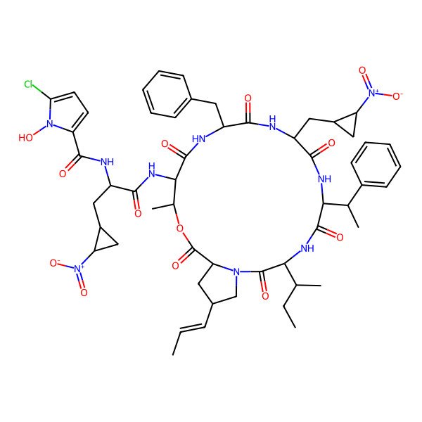 2D Structure of N-[1-[[12-benzyl-3-butan-2-yl-16-methyl-9-[(2-nitrocyclopropyl)methyl]-2,5,8,11,14,18-hexaoxo-6-(1-phenylethyl)-21-prop-1-enyl-17-oxa-1,4,7,10,13-pentazabicyclo[17.3.0]docosan-15-yl]amino]-3-(2-nitrocyclopropyl)-1-oxopropan-2-yl]-5-chloro-1-hydroxypyrrole-2-carboxamide