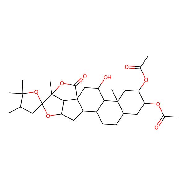 2D Structure of (7-Acetyloxy-3-hydroxy-2',2',3',5,19-pentamethyl-21-oxospiro[17,20-dioxahexacyclo[14.5.1.01,14.04,13.05,10.019,22]docosane-18,5'-oxolane]-8-yl) acetate