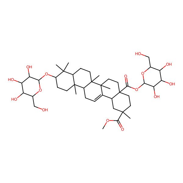 2D Structure of 2-O-methyl 4a-O-[(2R,3R,4S,5S,6R)-3,4,5-trihydroxy-6-(hydroxymethyl)oxan-2-yl] (2S,4aR,6aR,6aS,6bR,8aR,10S,12aR,14bS)-2,6a,6b,9,9,12a-hexamethyl-10-[(2R,3R,4S,5S,6R)-3,4,5-trihydroxy-6-(hydroxymethyl)oxan-2-yl]oxy-1,3,4,5,6,6a,7,8,8a,10,11,12,13,14b-tetradecahydropicene-2,4a-dicarboxylate