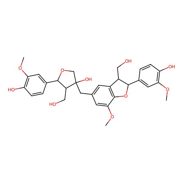 2D Structure of 5-(4-Hydroxy-3-methoxyphenyl)-3-[[2-(4-hydroxy-3-methoxyphenyl)-3-(hydroxymethyl)-7-methoxy-2,3-dihydro-1-benzofuran-5-yl]methyl]-4-(hydroxymethyl)oxolan-3-ol