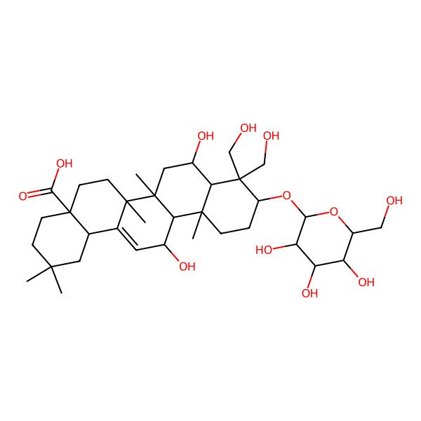 2D Structure of 8,13-Dihydroxy-9,9-bis(hydroxymethyl)-2,2,6a,6b,12a-pentamethyl-10-[3,4,5-trihydroxy-6-(hydroxymethyl)oxan-2-yl]oxy-1,3,4,5,6,6a,7,8,8a,10,11,12,13,14b-tetradecahydropicene-4a-carboxylic acid