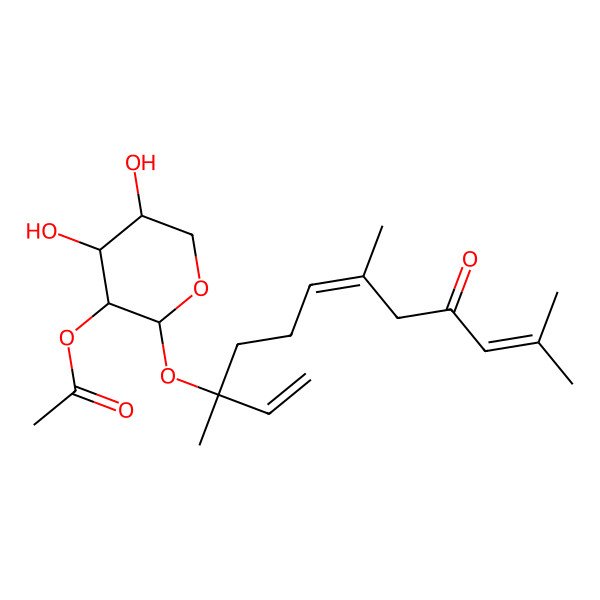 2D Structure of [(2R,3S,4R,5S)-4,5-dihydroxy-2-[(3S,6E)-3,7,11-trimethyl-9-oxododeca-1,6,10-trien-3-yl]oxyoxan-3-yl] acetate