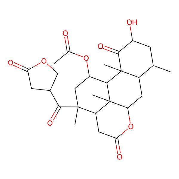 2D Structure of [4-Hydroxy-2,6,14,17-tetramethyl-3,11-dioxo-14-(5-oxooxolane-3-carbonyl)-10-oxatetracyclo[7.7.1.02,7.013,17]heptadecan-16-yl] acetate