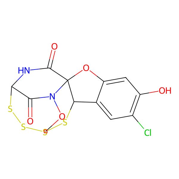 2D Structure of (1S,9S,14S)-6-chloro-5-hydroxy-17-methoxy-2-oxa-10,11,12,13-tetrathia-15,17-diazatetracyclo[12.2.2.01,9.03,8]octadeca-3,5,7-triene-16,18-dione