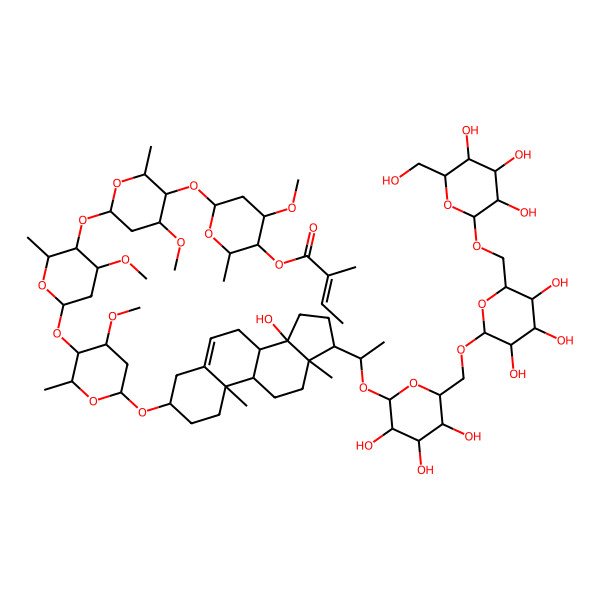 2D Structure of [(2R,3R,4S,6S)-6-[(2R,3R,4S,6S)-6-[(2R,3R,4S,6S)-6-[(2R,3R,4S,6R)-6-[[(3S,8R,9S,10R,13R,14S,17S)-14-hydroxy-10,13-dimethyl-17-[(1S)-1-[(2R,3R,4S,5R,6R)-3,4,5-trihydroxy-6-[[(2R,3R,4S,5R,6R)-3,4,5-trihydroxy-6-[[(2R,3R,4S,5R,6R)-3,4,5-trihydroxy-6-(hydroxymethyl)oxan-2-yl]oxymethyl]oxan-2-yl]oxymethyl]oxan-2-yl]oxyethyl]-1,2,3,4,7,8,9,11,12,15,16,17-dodecahydrocyclopenta[a]phenanthren-3-yl]oxy]-4-methoxy-2-methyloxan-3-yl]oxy-4-methoxy-2-methyloxan-3-yl]oxy-4-methoxy-2-methyloxan-3-yl]oxy-4-methoxy-2-methyloxan-3-yl] (E)-2-methylbut-2-enoate