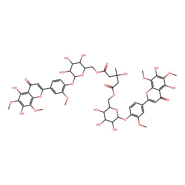 2D Structure of Bis[[6-[4-(5,7-dihydroxy-6,8-dimethoxy-4-oxochromen-2-yl)-2-methoxyphenoxy]-3,4,5-trihydroxyoxan-2-yl]methyl] 3-hydroxy-3-methylpentanedioate