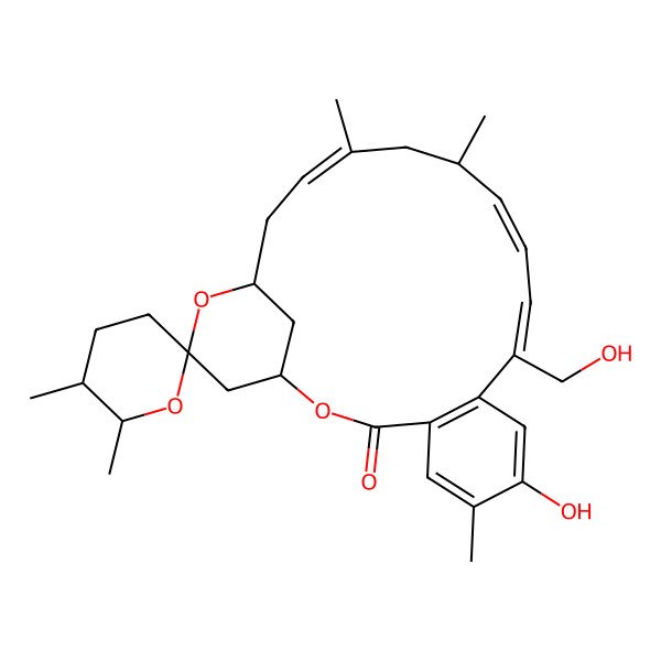 2D Structure of 7-Hydroxy-10-(hydroxymethyl)-5',6,6',14,16-pentamethylspiro[2,20-dioxatricyclo[17.3.1.04,9]tricosa-4(9),5,7,10,12,16-hexaene-21,2'-oxane]-3-one