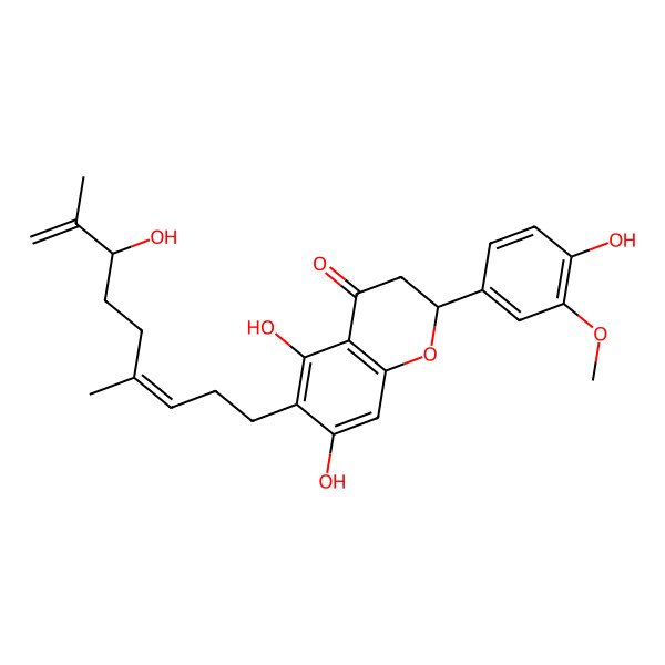 2D Structure of (2S)-5,7-dihydroxy-6-[(3E,7R)-7-hydroxy-4,8-dimethylnona-3,8-dienyl]-2-(4-hydroxy-3-methoxyphenyl)-2,3-dihydrochromen-4-one