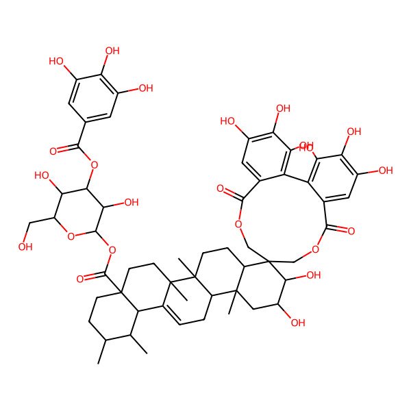 2D Structure of [3,5-dihydroxy-6-(hydroxymethyl)-4-(3,4,5-trihydroxybenzoyl)oxyoxan-2-yl] 3',4',5',10,11,17',18',19'-octahydroxy-1,2,6a,6b,12a-pentamethyl-8',14'-dioxospiro[2,3,4,5,6,6a,7,8,8a,10,11,12,13,14b-tetradecahydro-1H-picene-9,11'-9,13-dioxatricyclo[13.4.0.02,7]nonadeca-1(19),2,4,6,15,17-hexaene]-4a-carboxylate