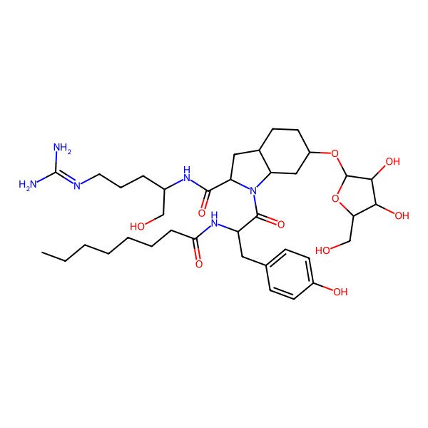 2D Structure of (3aS,7aS)-N-[5-(diaminomethylideneamino)-1-hydroxypentan-2-yl]-6-[3,4-dihydroxy-5-(hydroxymethyl)oxolan-2-yl]oxy-1-[(2S)-3-(4-hydroxyphenyl)-2-(octanoylamino)propanoyl]-2,3,3a,4,5,6,7,7a-octahydroindole-2-carboxamide
