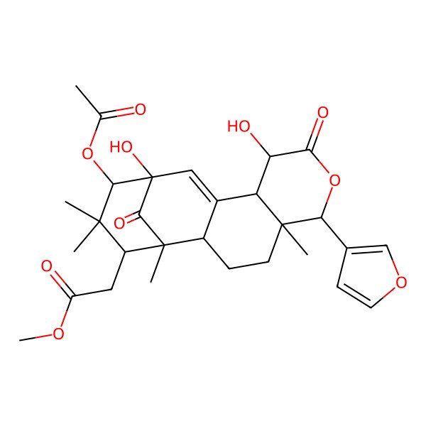 2D Structure of methyl 2-[(1R,2S,5R,6R,9R,10S,13R,14S,16S)-14-acetyloxy-6-(furan-3-yl)-9,13-dihydroxy-1,5,15,15-tetramethyl-8,17-dioxo-7-oxatetracyclo[11.3.1.02,11.05,10]heptadec-11-en-16-yl]acetate