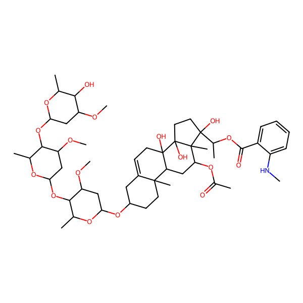 2D Structure of [(1S)-1-[(3S,8S,9R,10R,12R,13R,14R,17R)-12-acetyloxy-8,14,17-trihydroxy-3-[(2R,4S,5R,6R)-5-[(2S,4S,5R,6R)-5-[(2S,4R,5R,6R)-5-hydroxy-4-methoxy-6-methyloxan-2-yl]oxy-4-methoxy-6-methyloxan-2-yl]oxy-4-methoxy-6-methyloxan-2-yl]oxy-10,13-dimethyl-1,2,3,4,7,9,11,12,15,16-decahydrocyclopenta[a]phenanthren-17-yl]ethyl] 2-(methylamino)benzoate