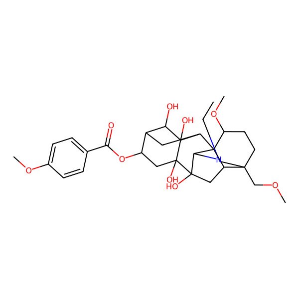 2D Structure of [(1R,2S,3S,4S,5S,6S,8S,9R,10S,13S,16S,17R)-11-ethyl-3,4,8,9-tetrahydroxy-16-methoxy-13-(methoxymethyl)-11-azahexacyclo[7.7.2.12,5.01,10.03,8.013,17]nonadecan-6-yl] 4-methoxybenzoate