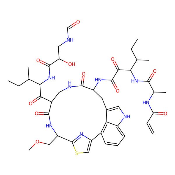 2D Structure of (3S,4S)-N-[(9R,13S)-9-[(2S,3S)-2-[[(2R)-3-formamido-2-hydroxypropanoyl]amino]-3-methylpentanoyl]-6-(methoxymethyl)-8,12-dioxo-4-thia-7,11,17,23-tetrazatetracyclo[13.6.1.12,5.018,22]tricosa-1(22),2,5(23),15,18,20-hexaen-13-yl]-4-methyl-2-oxo-3-[[(2S)-2-(prop-2-enoylamino)propanoyl]amino]hexanamide
