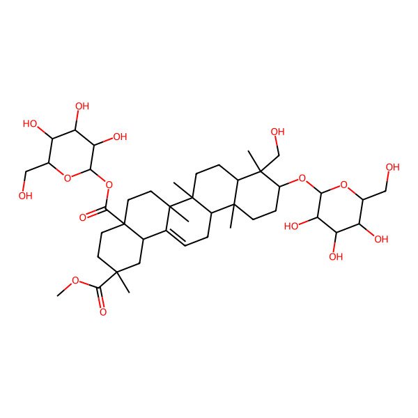2D Structure of 2-O-methyl 4a-O-[3,4,5-trihydroxy-6-(hydroxymethyl)oxan-2-yl] 9-(hydroxymethyl)-2,6a,6b,9,12a-pentamethyl-10-[3,4,5-trihydroxy-6-(hydroxymethyl)oxan-2-yl]oxy-1,3,4,5,6,6a,7,8,8a,10,11,12,13,14b-tetradecahydropicene-2,4a-dicarboxylate