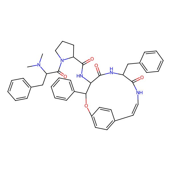 2D Structure of (2R)-N-[(3R,4R,7R,10Z)-7-benzyl-5,8-dioxo-3-phenyl-2-oxa-6,9-diazabicyclo[10.2.2]hexadeca-1(14),10,12,15-tetraen-4-yl]-1-[(2S)-2-(dimethylamino)-3-phenylpropanoyl]pyrrolidine-2-carboxamide