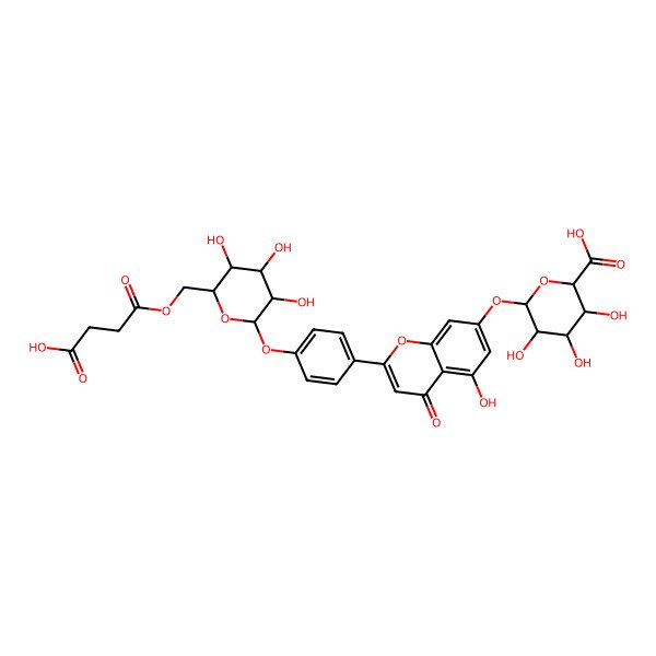 2D Structure of (2S,3S,4S,5R,6S)-6-[2-[4-[(2S,3R,4S,5S,6R)-6-(3-carboxypropanoyloxymethyl)-3,4,5-trihydroxyoxan-2-yl]oxyphenyl]-5-hydroxy-4-oxochromen-7-yl]oxy-3,4,5-trihydroxyoxane-2-carboxylic acid