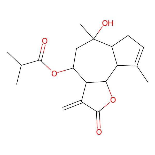 2D Structure of (6-hydroxy-6,9-dimethyl-3-methylidene-2-oxo-4,5,6a,7,9a,9b-hexahydro-3aH-azuleno[4,5-b]furan-4-yl) 2-methylpropanoate